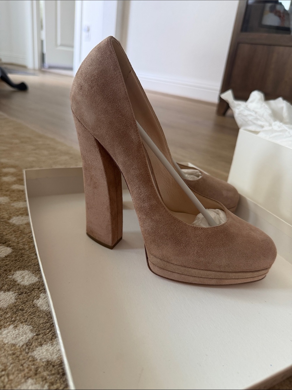 Casadei Taupe Suede Platform Block Heel Pumps
